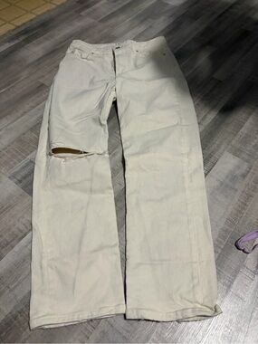 PAIGE Cream  Straight-Leg Jeans with Knee Rip